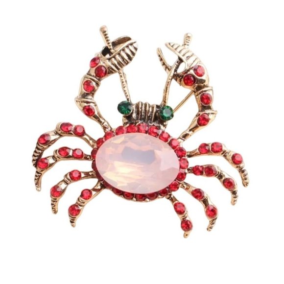 Gold Tone Crab Brooch Red Crystals and Light Pink Center Rhinestone - Picture 1 of 2
